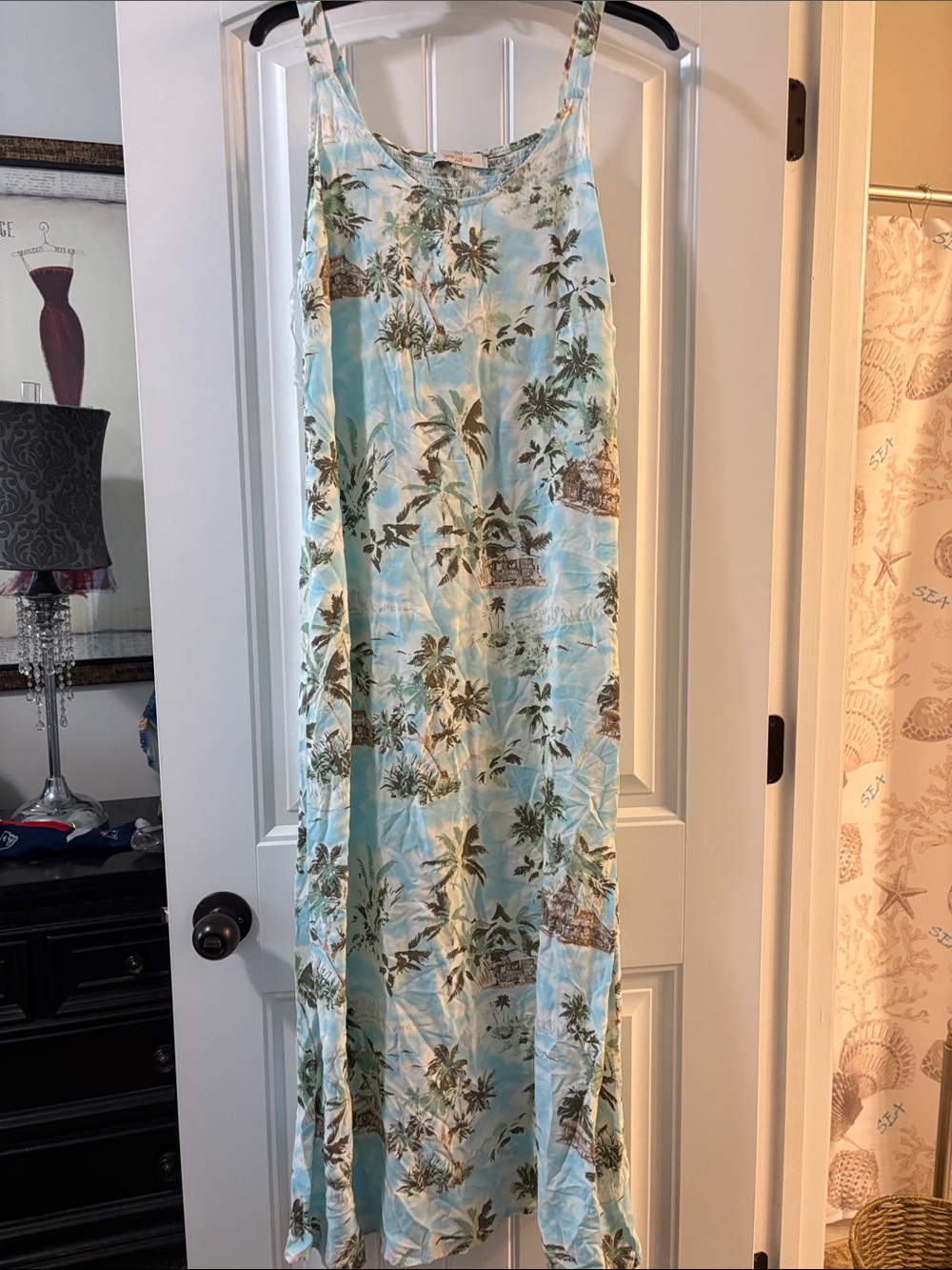 Tropical Palm Print Slip Dress in Soft Aqua